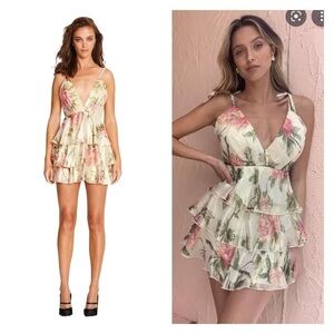 NWT ALICE MCCALL Beige Floral Salvatore Tiered Ruffle Mini Dress Size US 4, AU 8